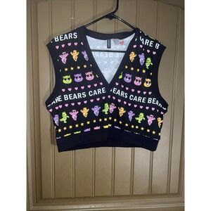 Divided H&M Vest sz M Black cropped v neck Black  trim Care Bears